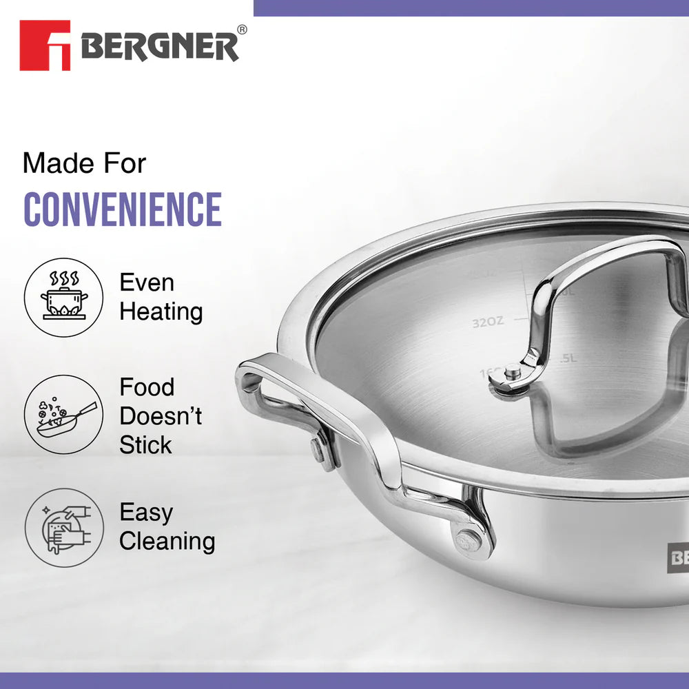 BE BERGNER 7314 KADAI WITH FLAT GLASS LID 28CM