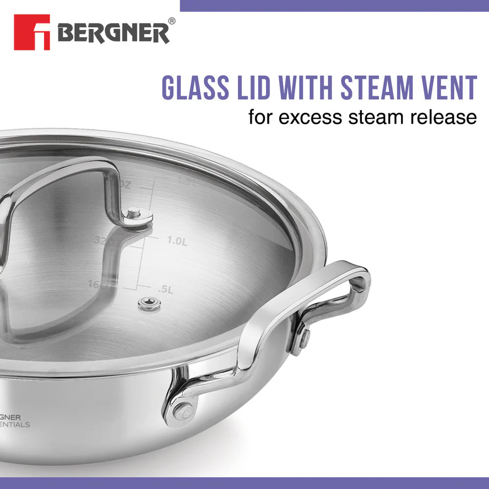 BE BERGNER 7314 KADAI WITH FLAT GLASS LID 28CM