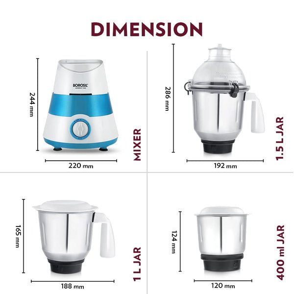 BOROSIL SUPERMAX 750W MIXER GRINDER - BLUE